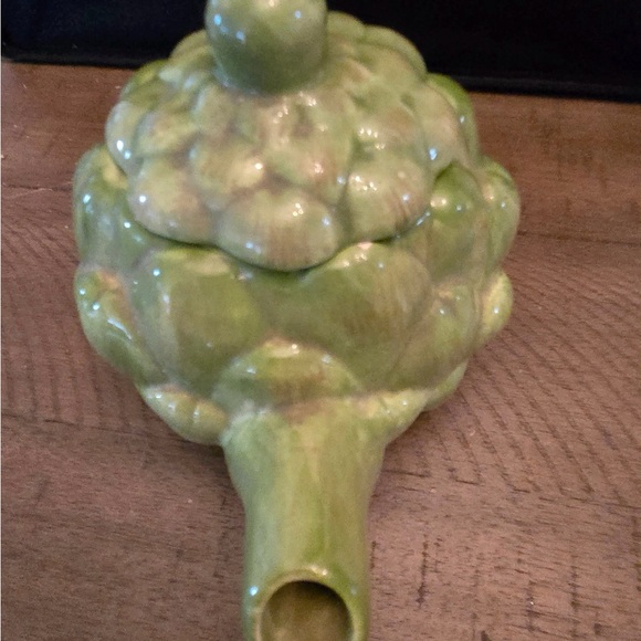 Vtg Teleflora Green Artichoke Teapot with Lid Glazed Approx 5" tall x 9" wide - Picture 3 of 6